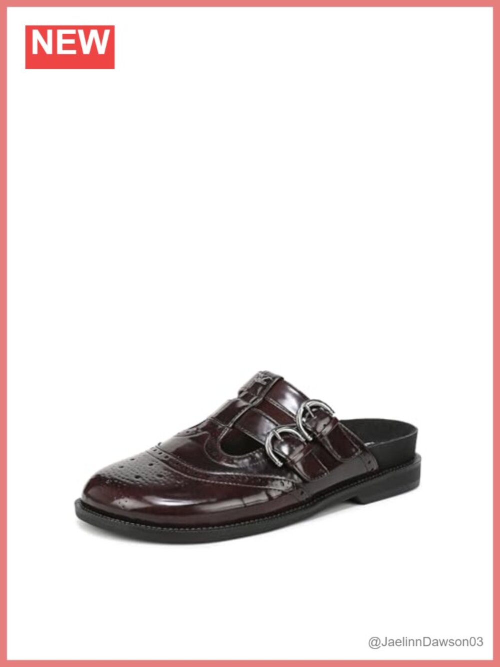 Women's Loafer Mule with Double Buckles, Brogue Detailing, Slip-On Flat